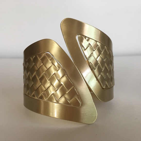 Brushed Gold Woven Pattern Angular Cuff Bracelet - Picture 3 of 8